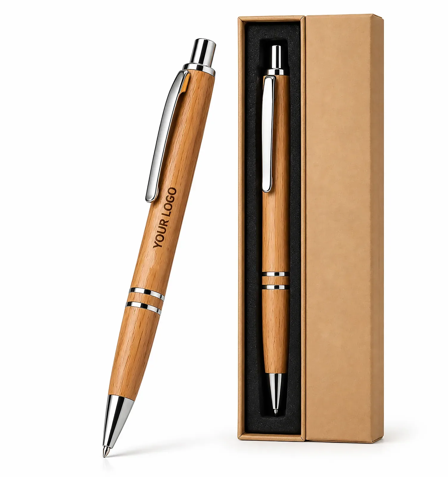 Bamboo pen with an engraved logo next to its kraft box