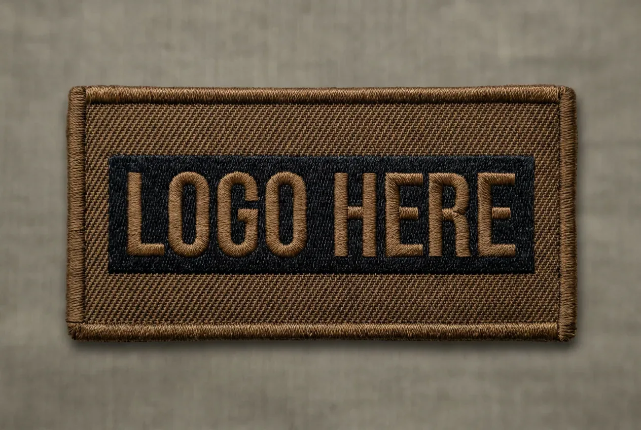 Close-up of an embroidered patch reading Logo Here