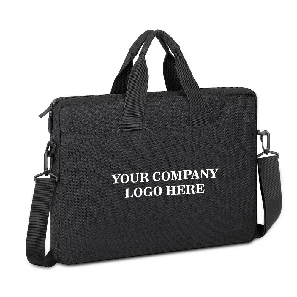 Black conference bag printed with a company logo