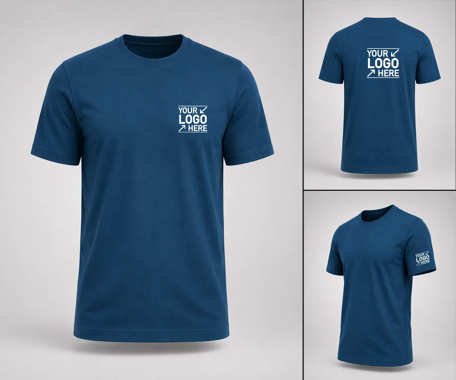 Navy round-neck T-shirts with a printed chest logo