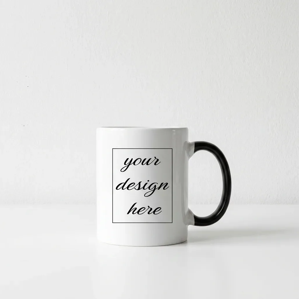 White mug with a printed design on the side